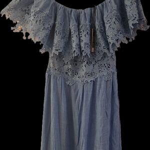 Dress Day Dusty Blue Off-Shoulder Lace Maxi